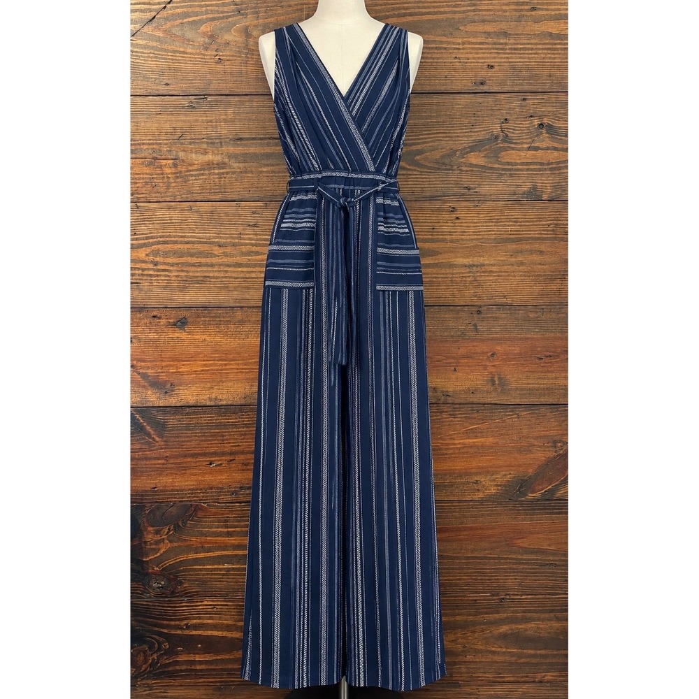 Monteau Los Angeles Wide Leg Jumpsuit Women's S Navy Blue Striped Office Chic